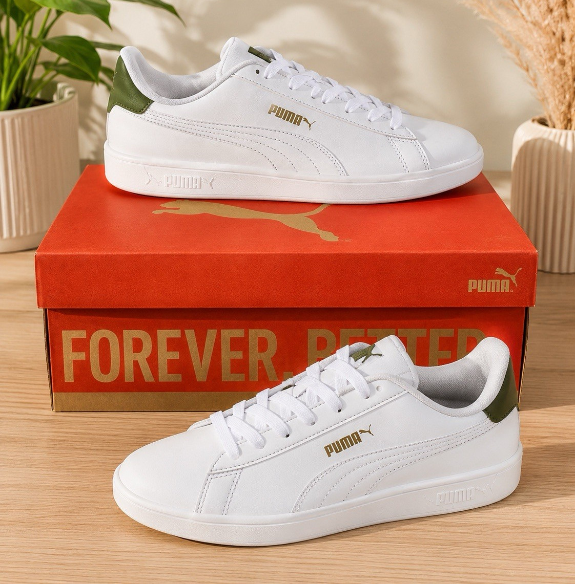 PUMA Men’s Low Top Lace-Up Athletic Sneakers White/Green Solid Casual