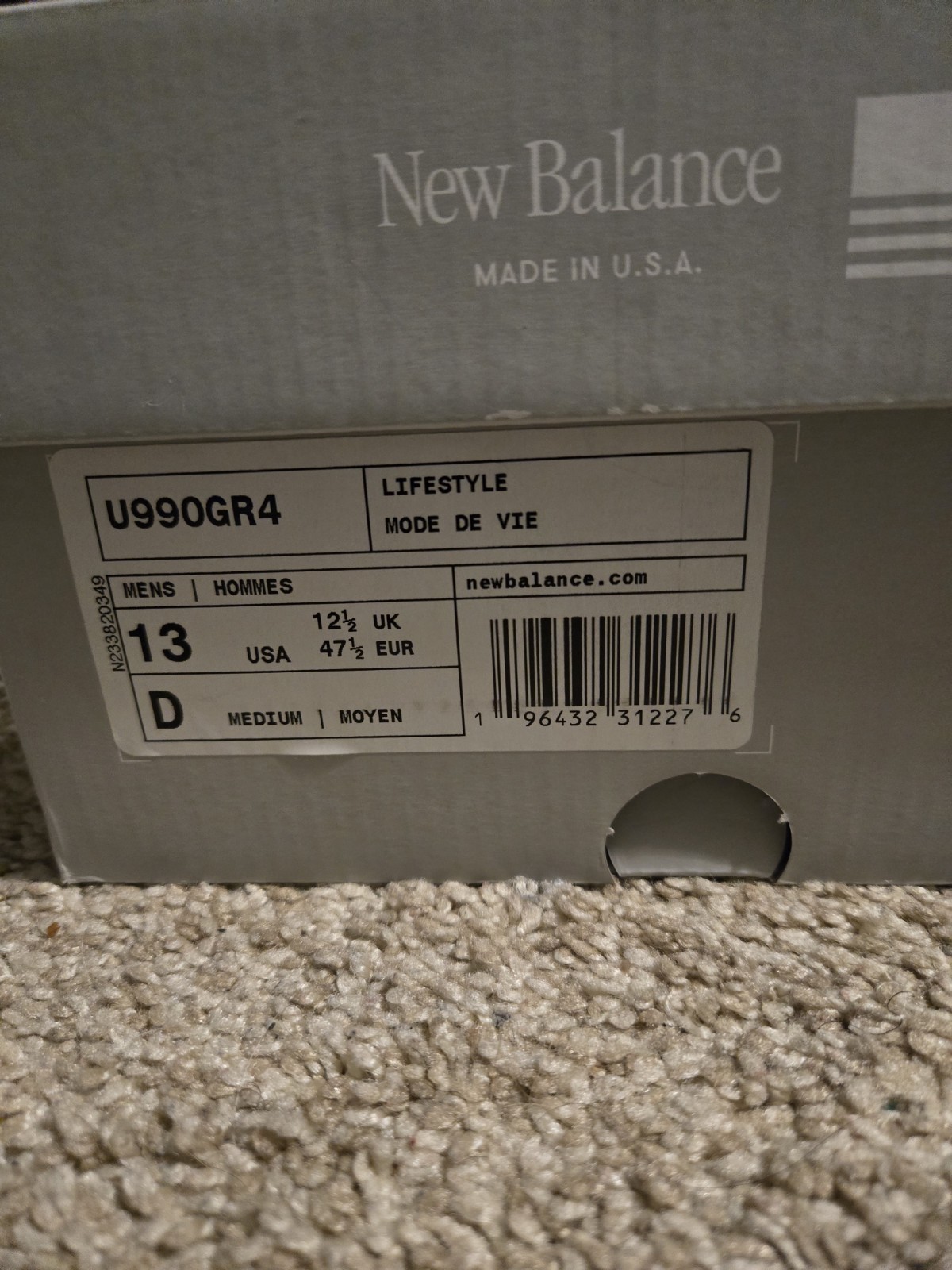 New Balance U990GR4 Men’s Grey Shoes Size 13